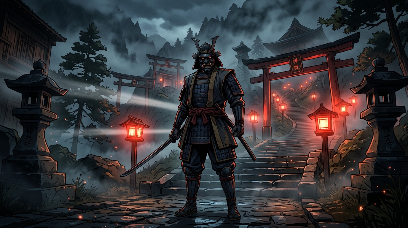 Masked samurai warrior in a stylized Japanese folklore setting inspired by Ghost of Tsushima Legends