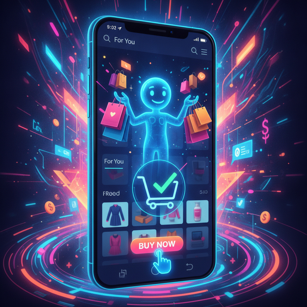 A smartphone running TikTok displaying an in-app product interface with an AI chat assistant prompt and a Buy Direct button