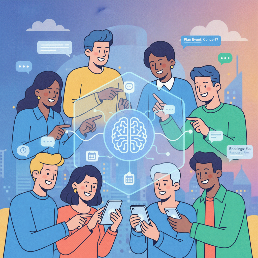 Smartphone displaying a group text messaging thread interacting with the Instinct AI agent