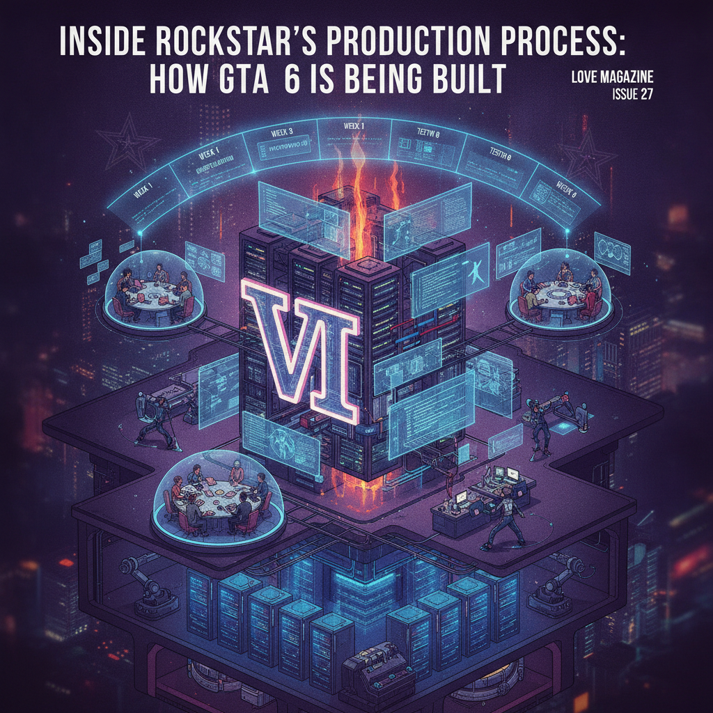 Rockstar Games studio office setting showcasing game development monitors and design materials