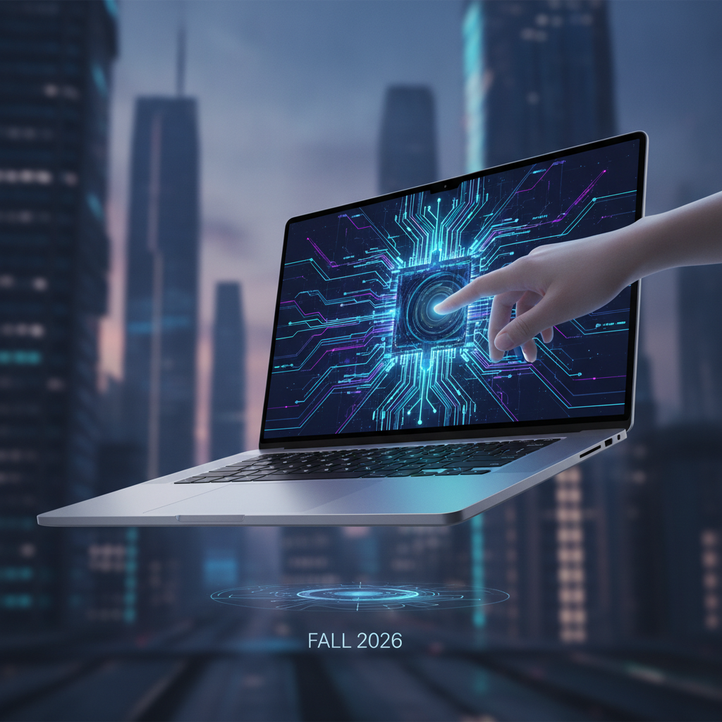 A sleek MacBook Pro displaying an OLED screen being touched by a finger.