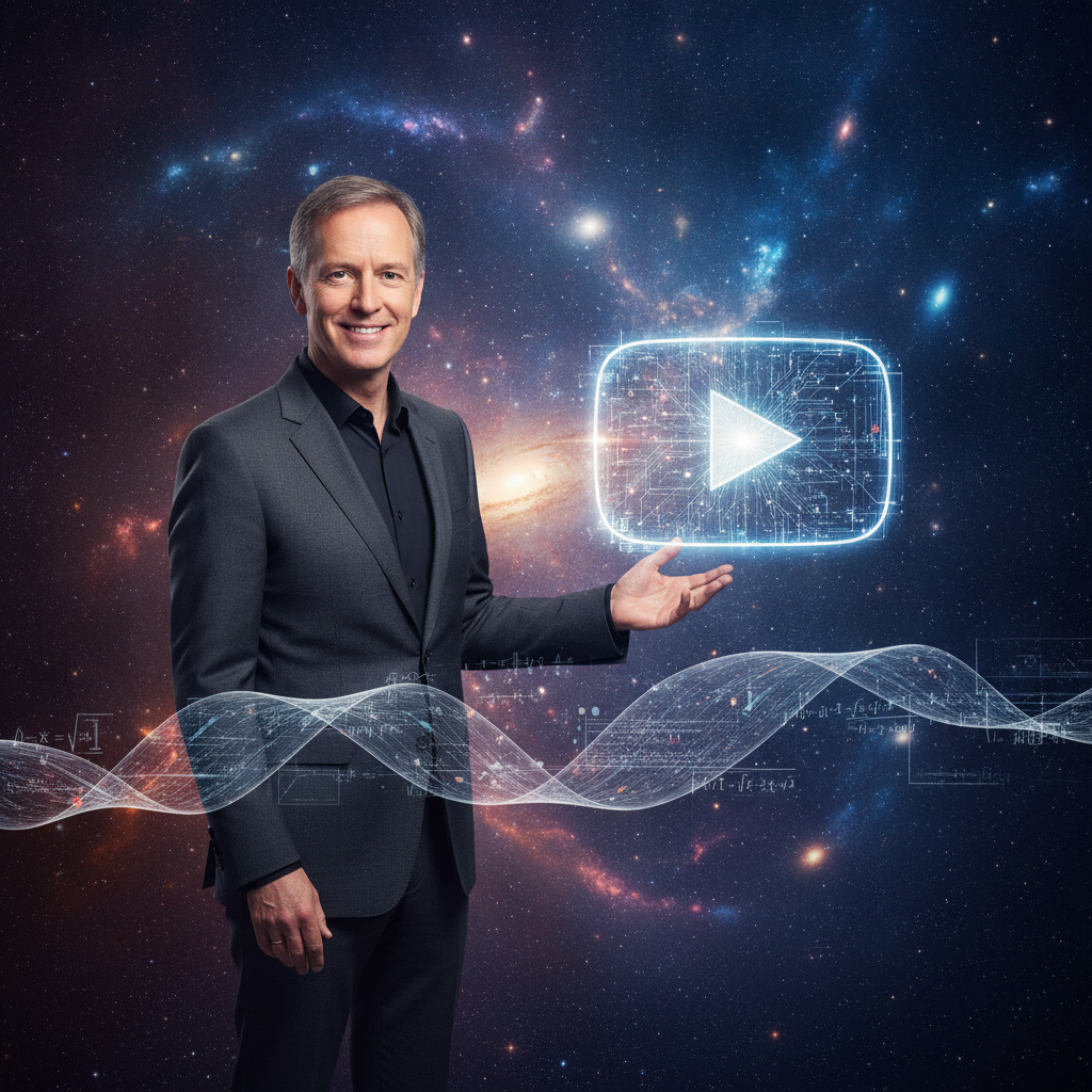 Professor Brian Cox on a modern production stage with cosmic visual graphics in the background