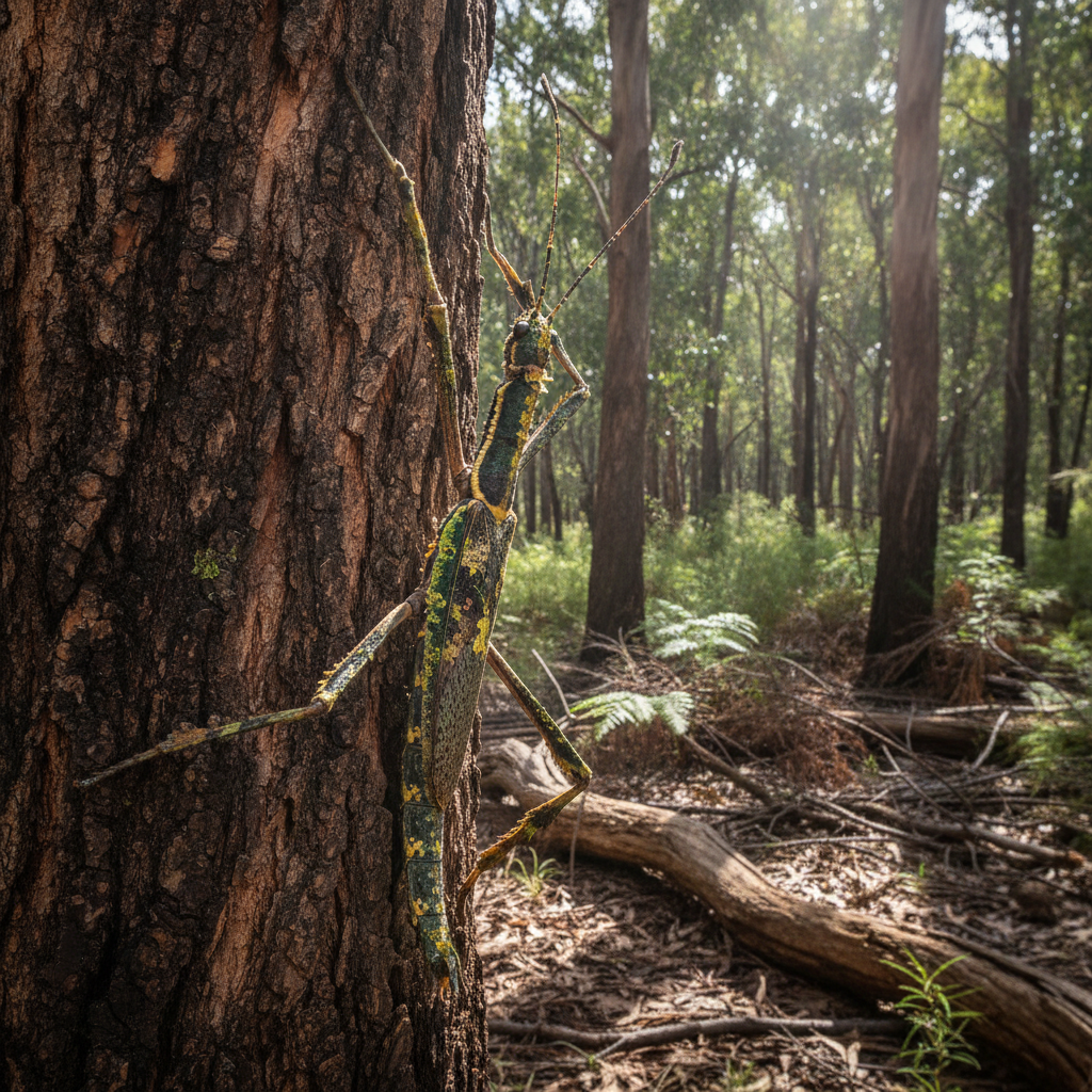 Close-up of a giant Australian stick insect resting on a green rainforest branch