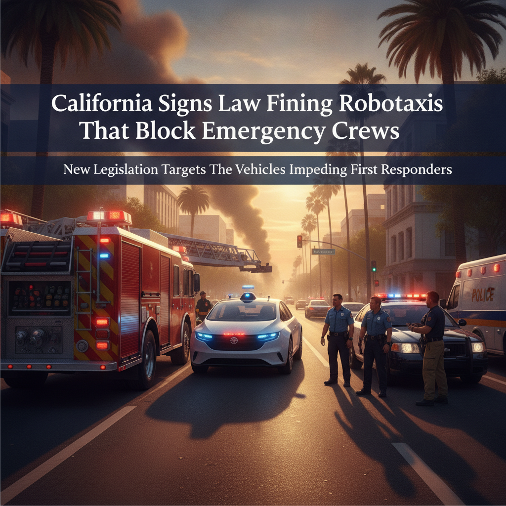 An autonomous robotaxi stopped on an urban street near emergency vehicle lights