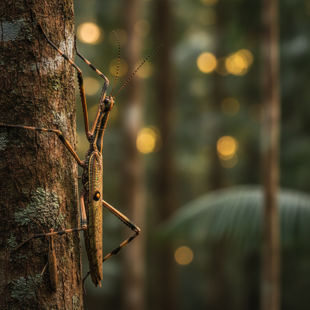 A large camouflaged stick insect perched along a green tree branch in a rainforest canopy