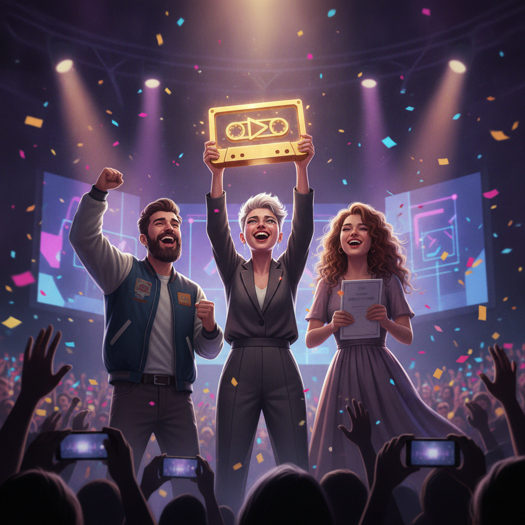 Stage lighting and trophy display celebrating the 2026 Australian Game Developer Awards in Melbourne