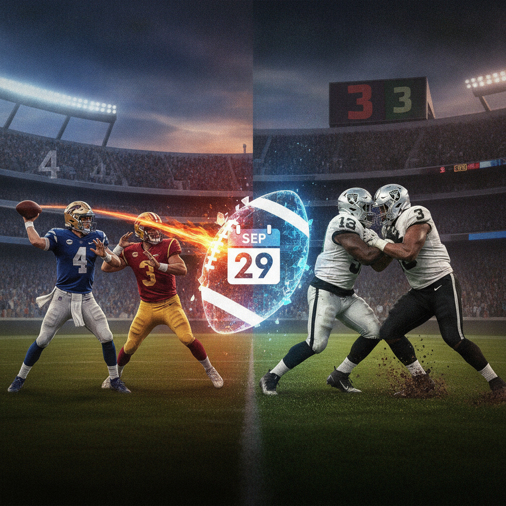 A split image showing a dramatic football tackle on one side and a college football stadium under stadium lights on the other.