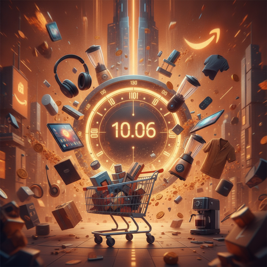 Amazon Prime Day October 2026 shopping deals with delivery boxes and smart devices, bold clickbait style news thumbnail with text overlay