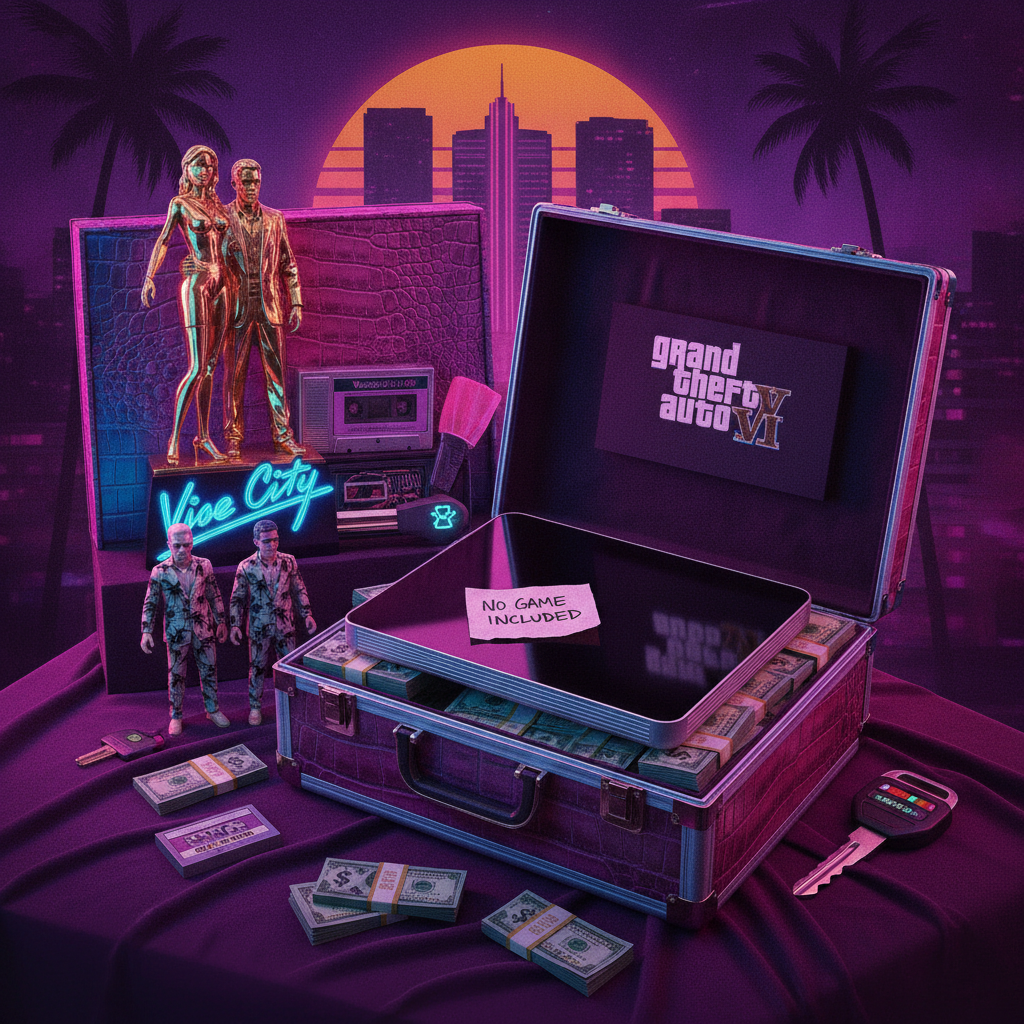 Rockstar Games Vice City collector merchandise box featuring sunglasses, hat, map, and collectible character statue