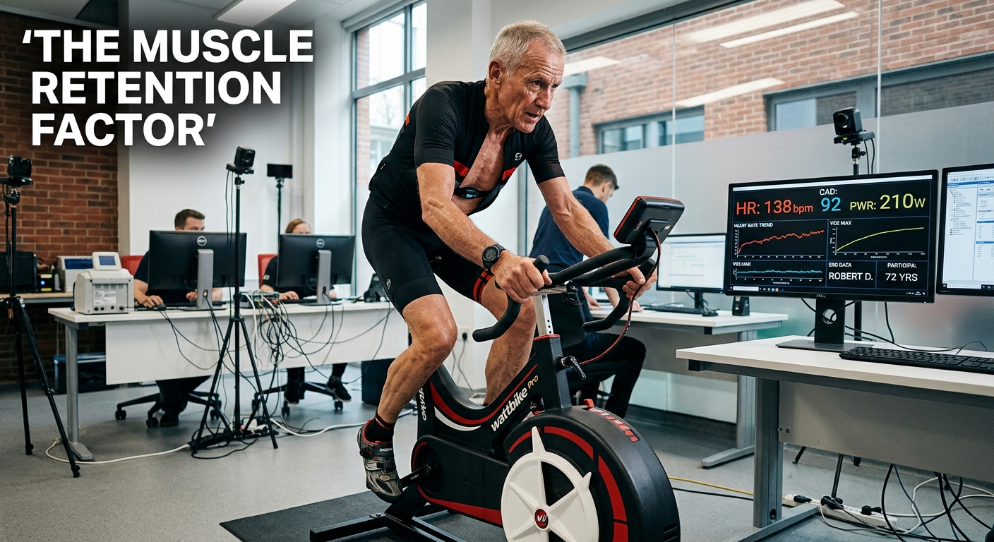 An active senior adult working out on a stationary exercise bike during a clinical fitness assessment