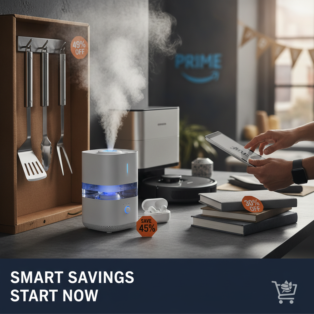 Flat lay of discounted home goods including a humidifier, compact vacuum, travel mug, and grilling tools with sale tags
