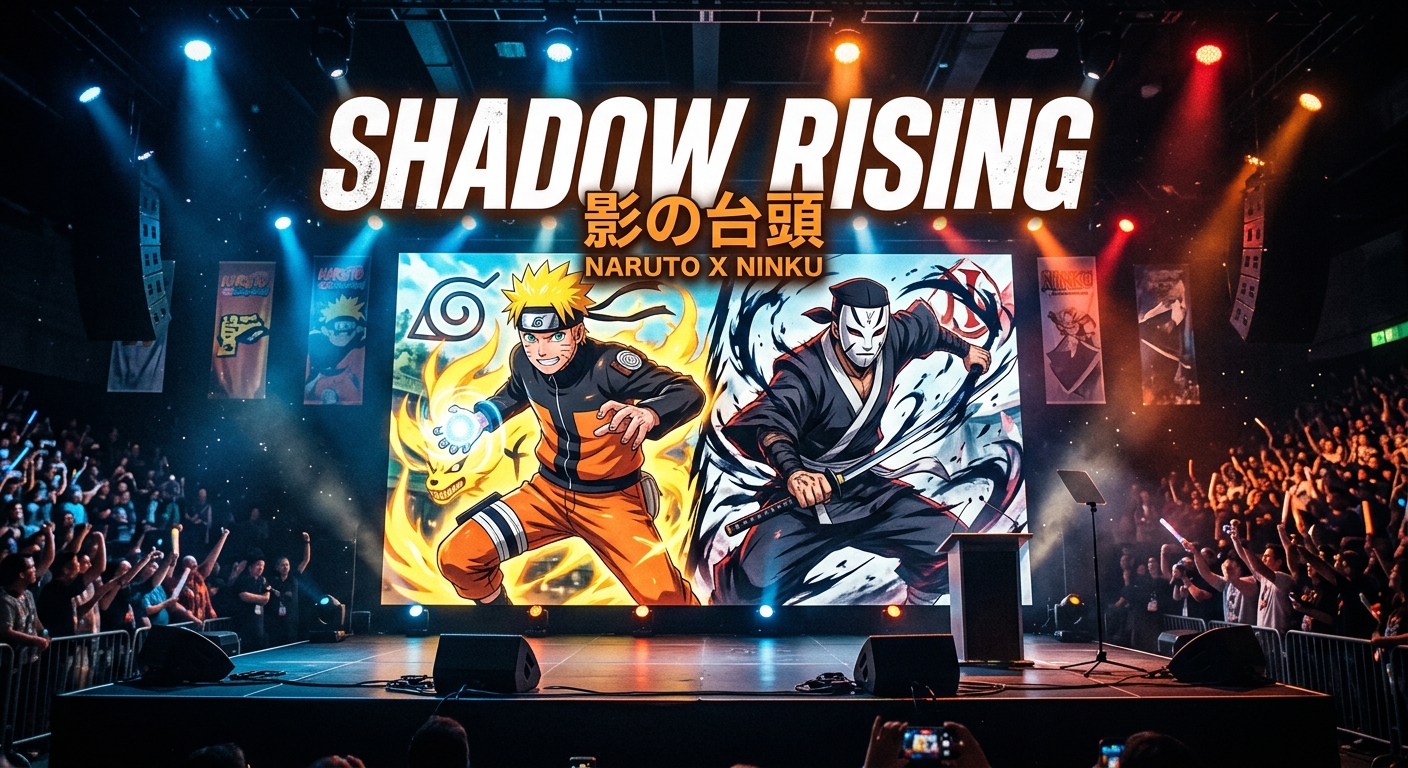Promotional artwork showing Naruto Uzumaki and Fusuke from Ninku side by side on a convention stage screen
