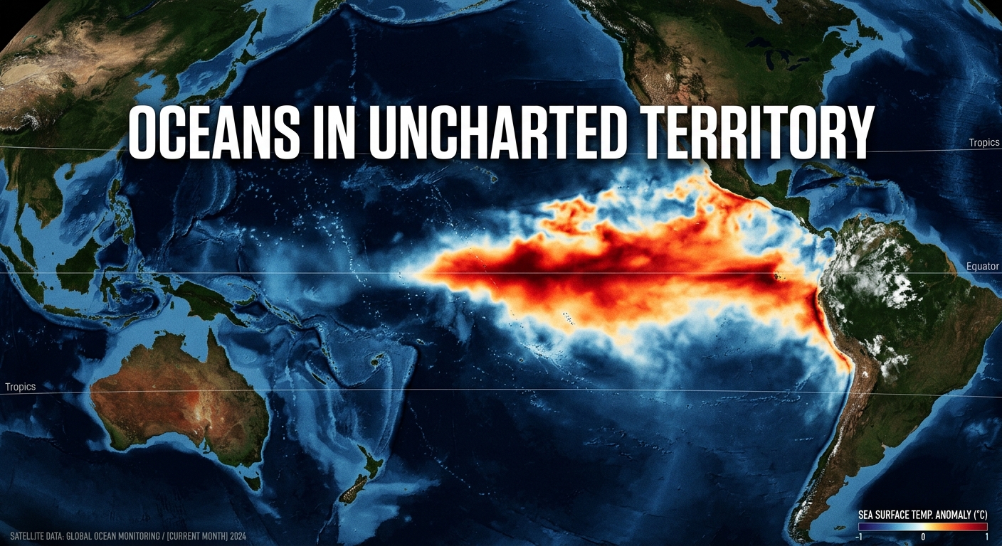 Digital map showing extreme warm sea surface temperature anomalies across the equatorial Pacific ocean
