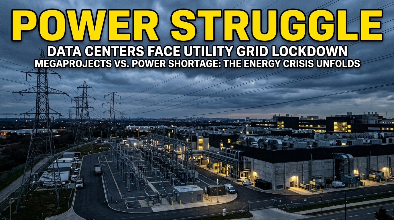 A massive industrial data center complex beside electrical high-voltage power lines and transmission towers under an overcast sky