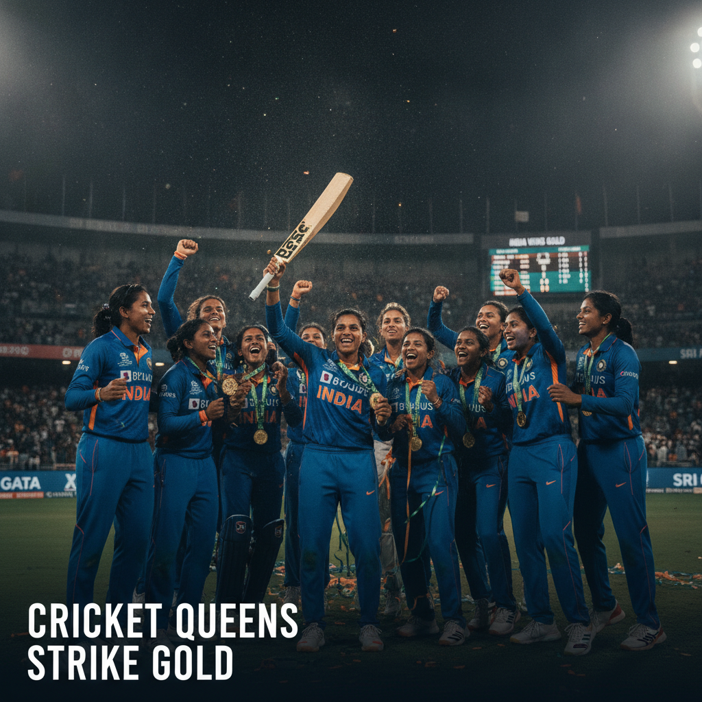 Indian women's cricket team celebrating with gold medals at the Asian Games 2026 stadium