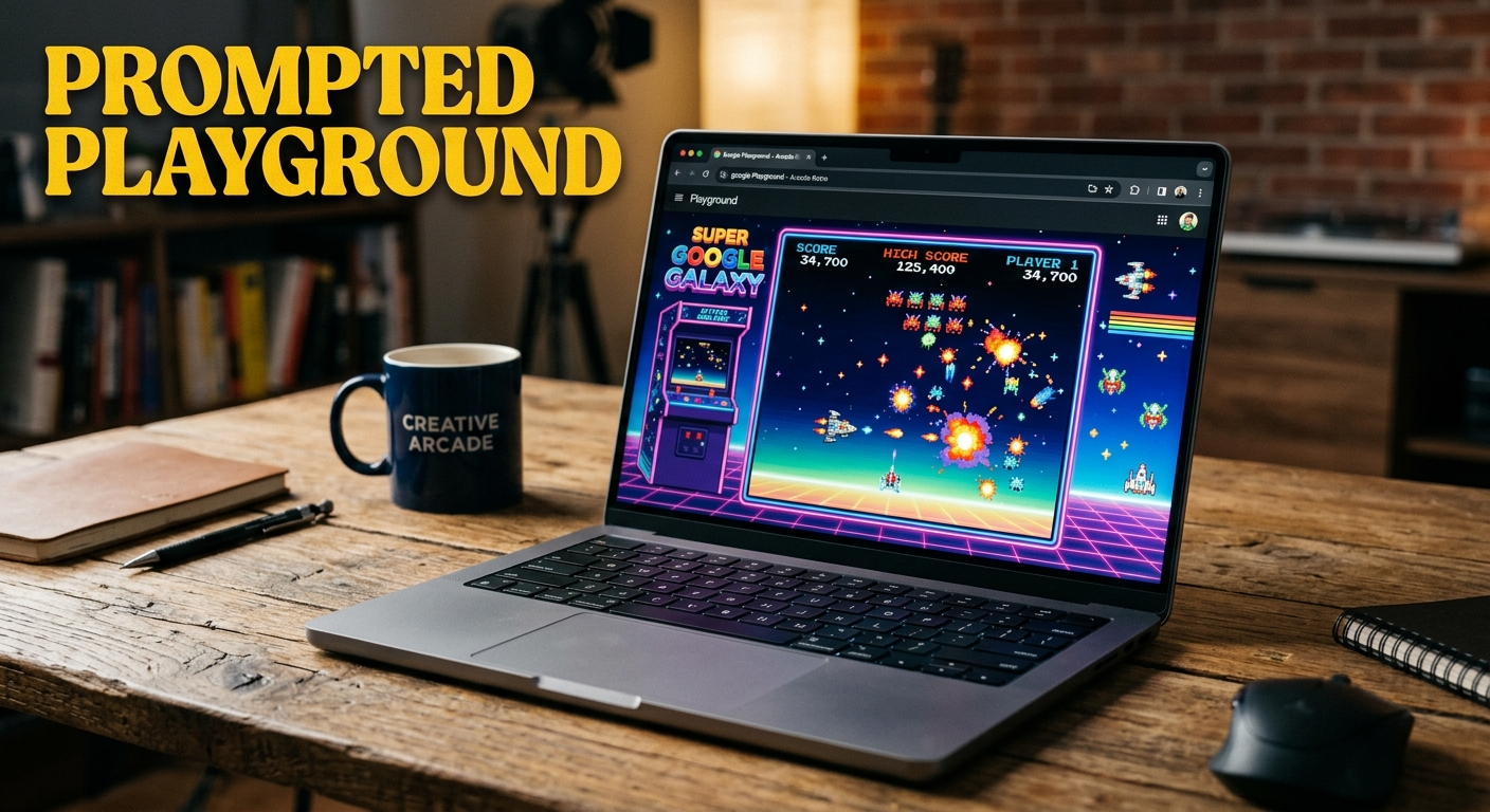 Google Playground game creation interface displayed on a laptop screen showing an AI-generated arcade shooter prototype