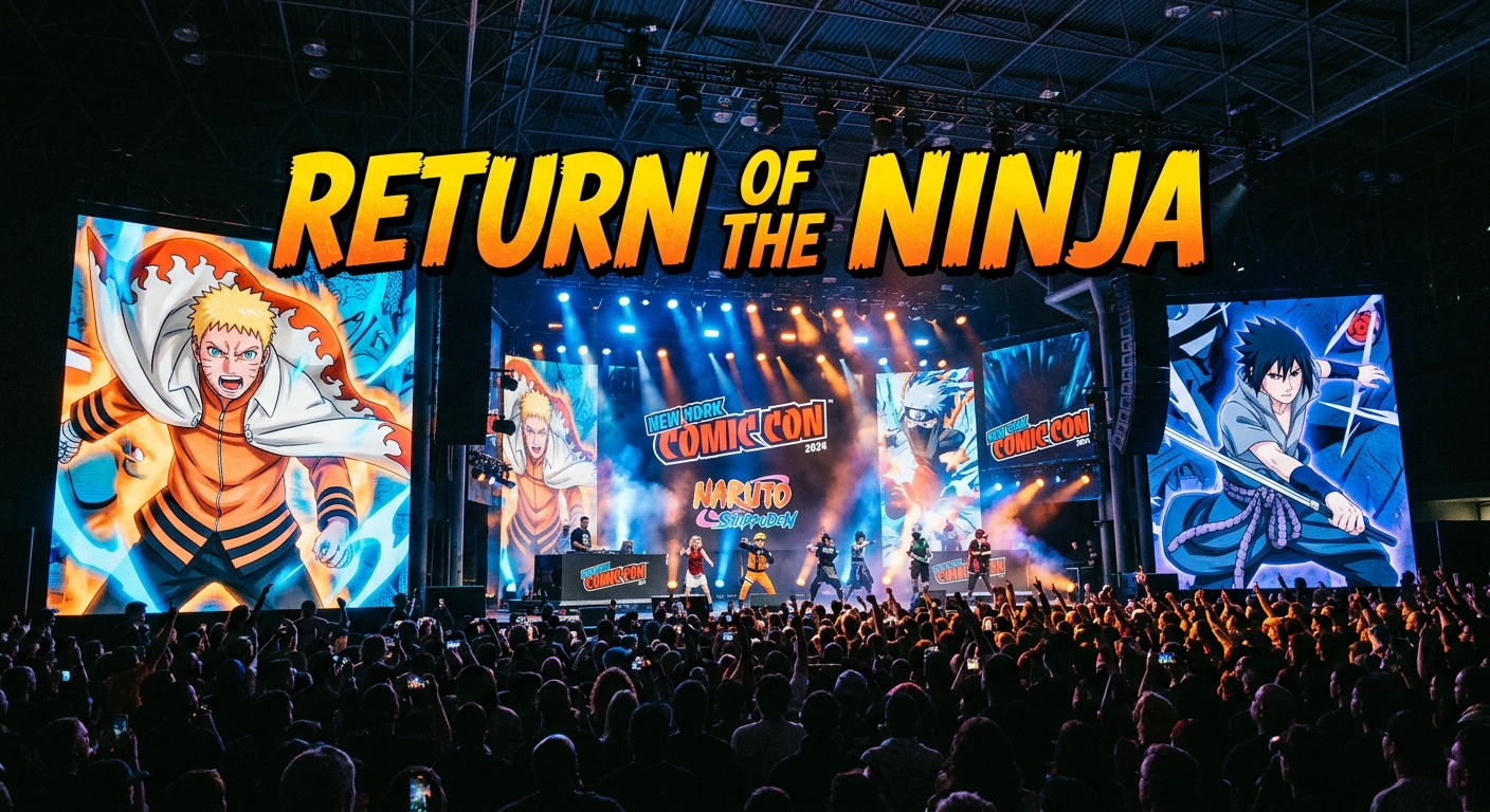 New York Comic Con stage display announcing the new Naruto Shadow Rising manga and anime crossover