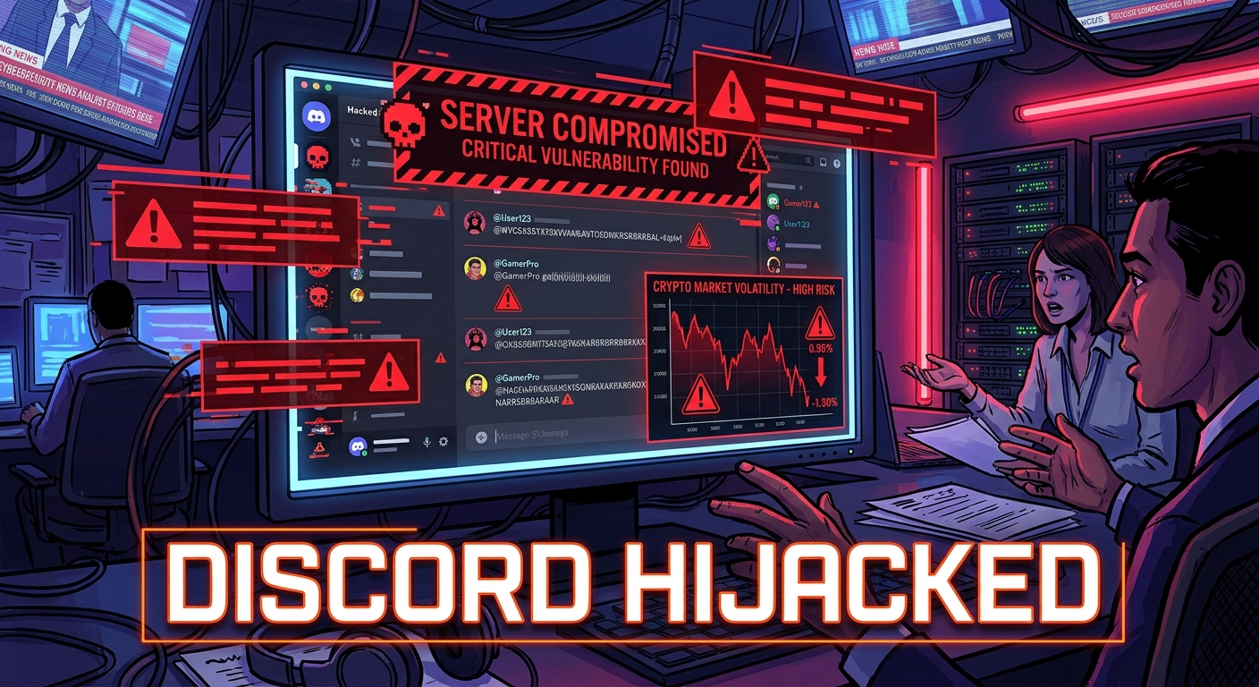 Digital illustration of a compromised gaming Discord server interface overlaid with crypto trading charts
