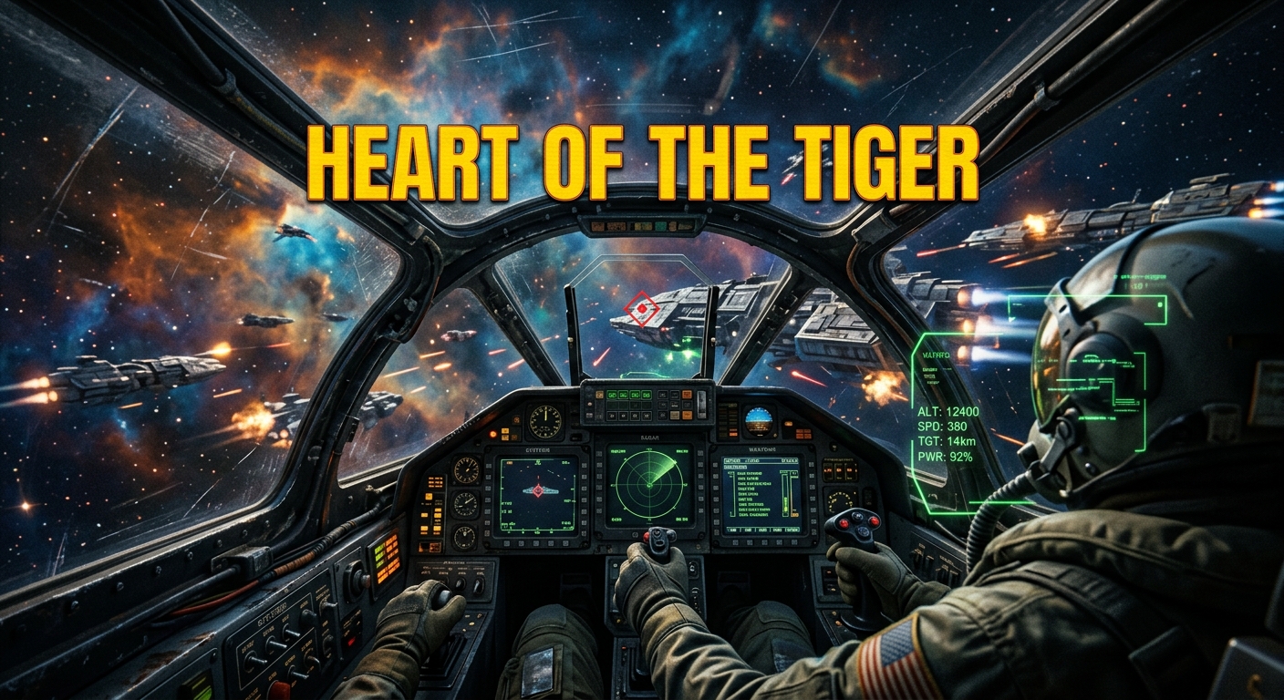 Cockpit perspective of a futuristic starfighter looking toward starfields and capital ships in deep space.