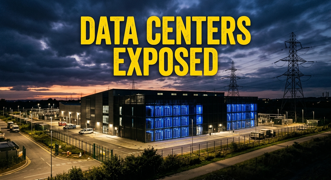 Exterior view of an expansive industrial data center campus surrounded by electrical power lines and security fencing under an overcast sky
