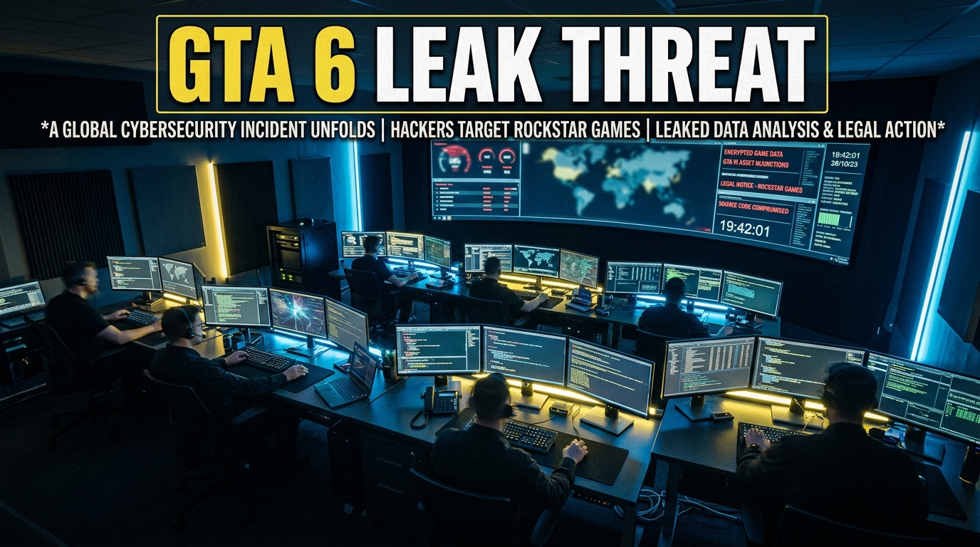 Digital code box and glowing circuit interface reflecting video game extortion and leak threats