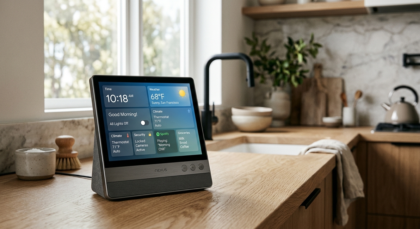 A sleek square smart display hub sitting on a minimalist wooden countertop