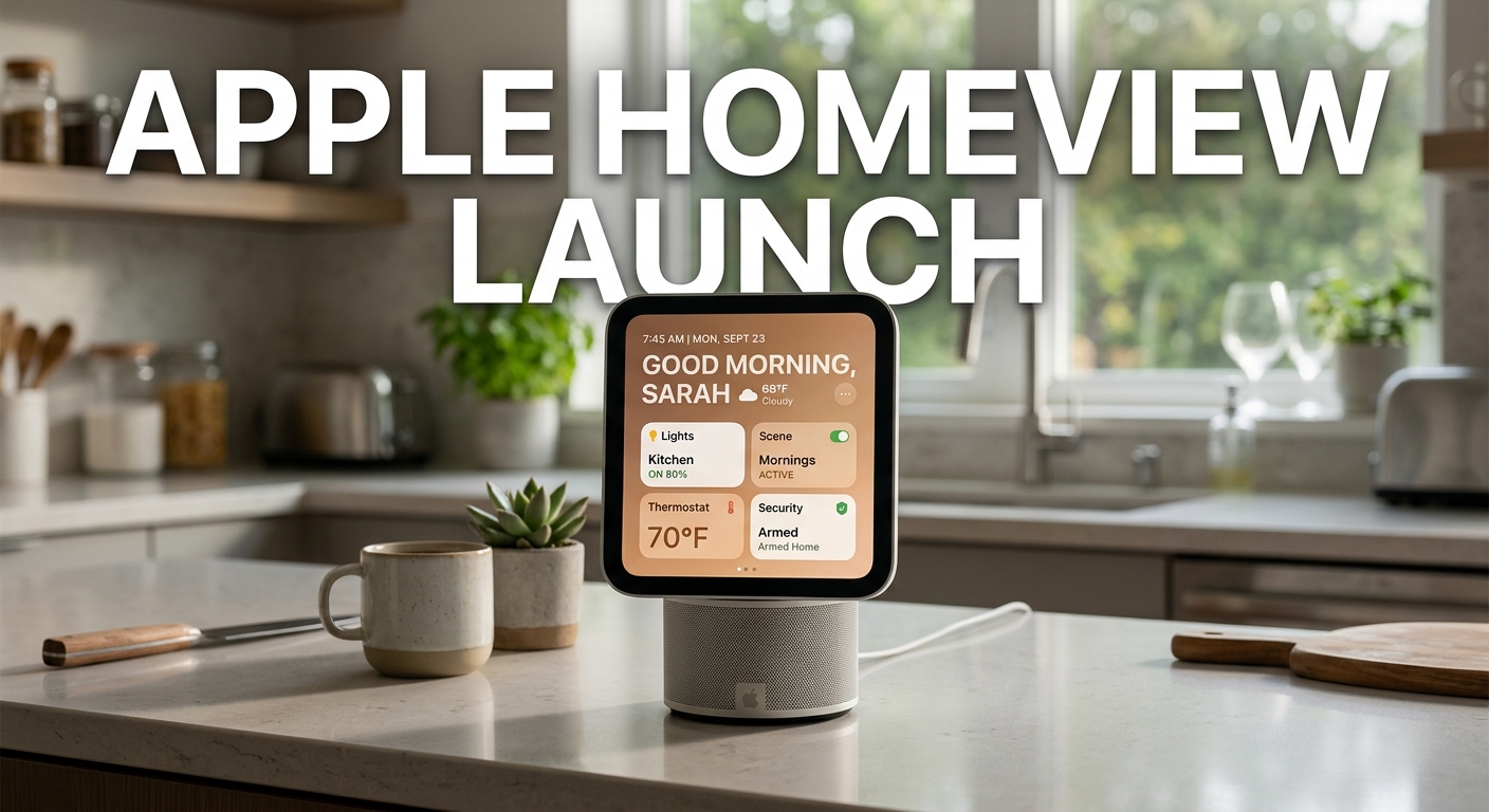 Conceptual representation of the Apple HomeView smart display on a kitchen counter with an aluminum speaker base