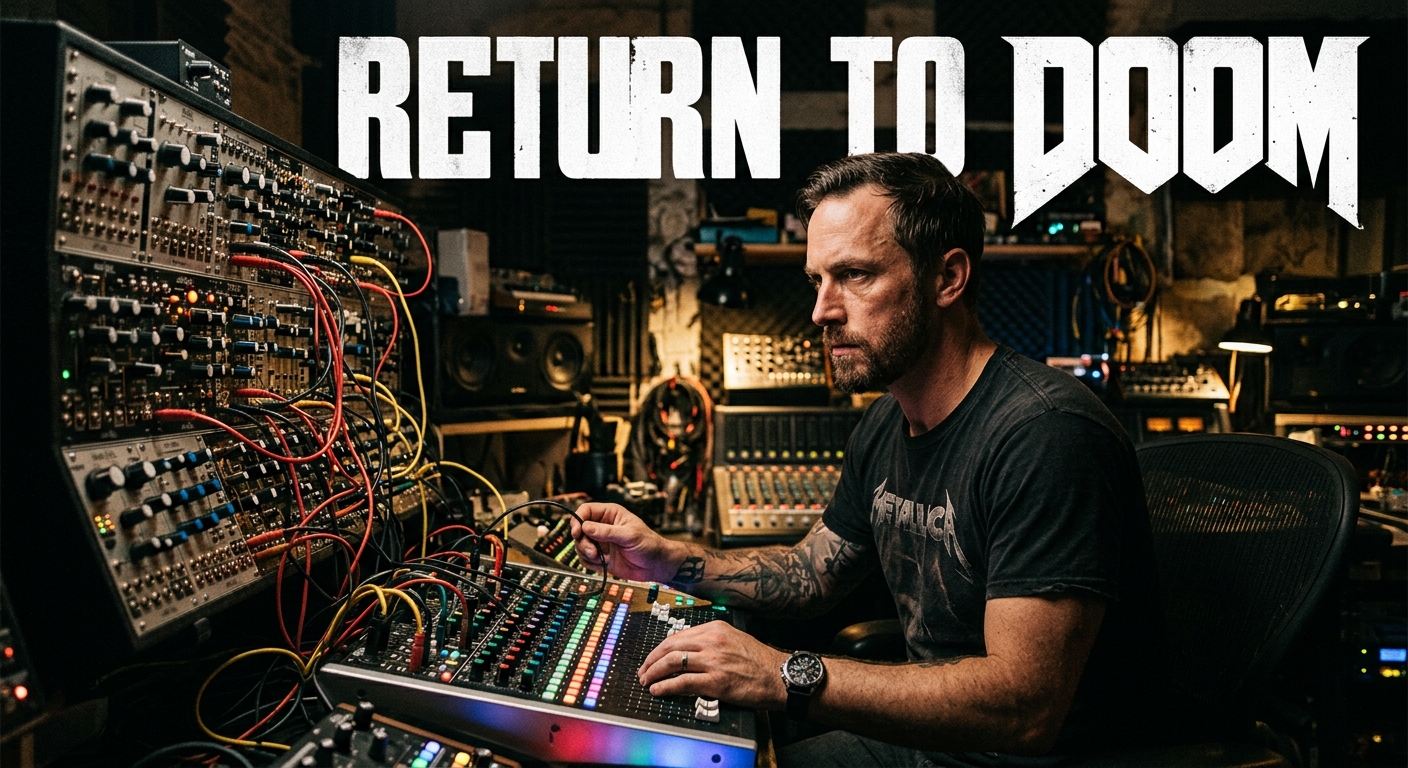 Video game composer Mick Gordon standing by audio production equipment