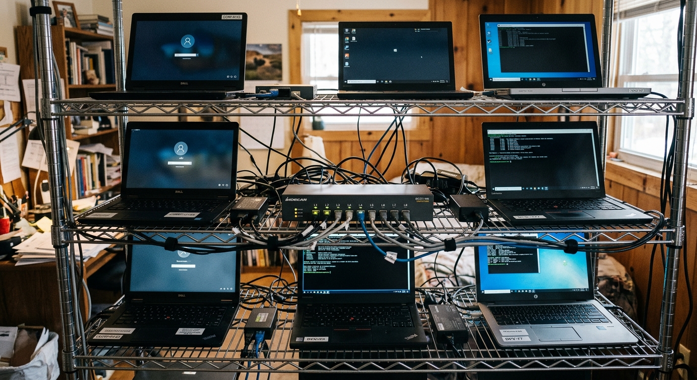 Seized corporate laptops and keyboard video mouse switching devices arranged on a table during a federal law enforcement raid