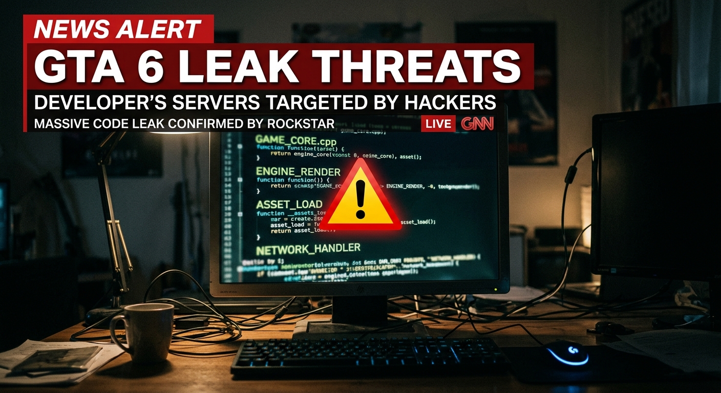 A stylized digital graphic representing a locked vault door with a warning sign, symbolizing the ongoing GTA 6 security breaches.