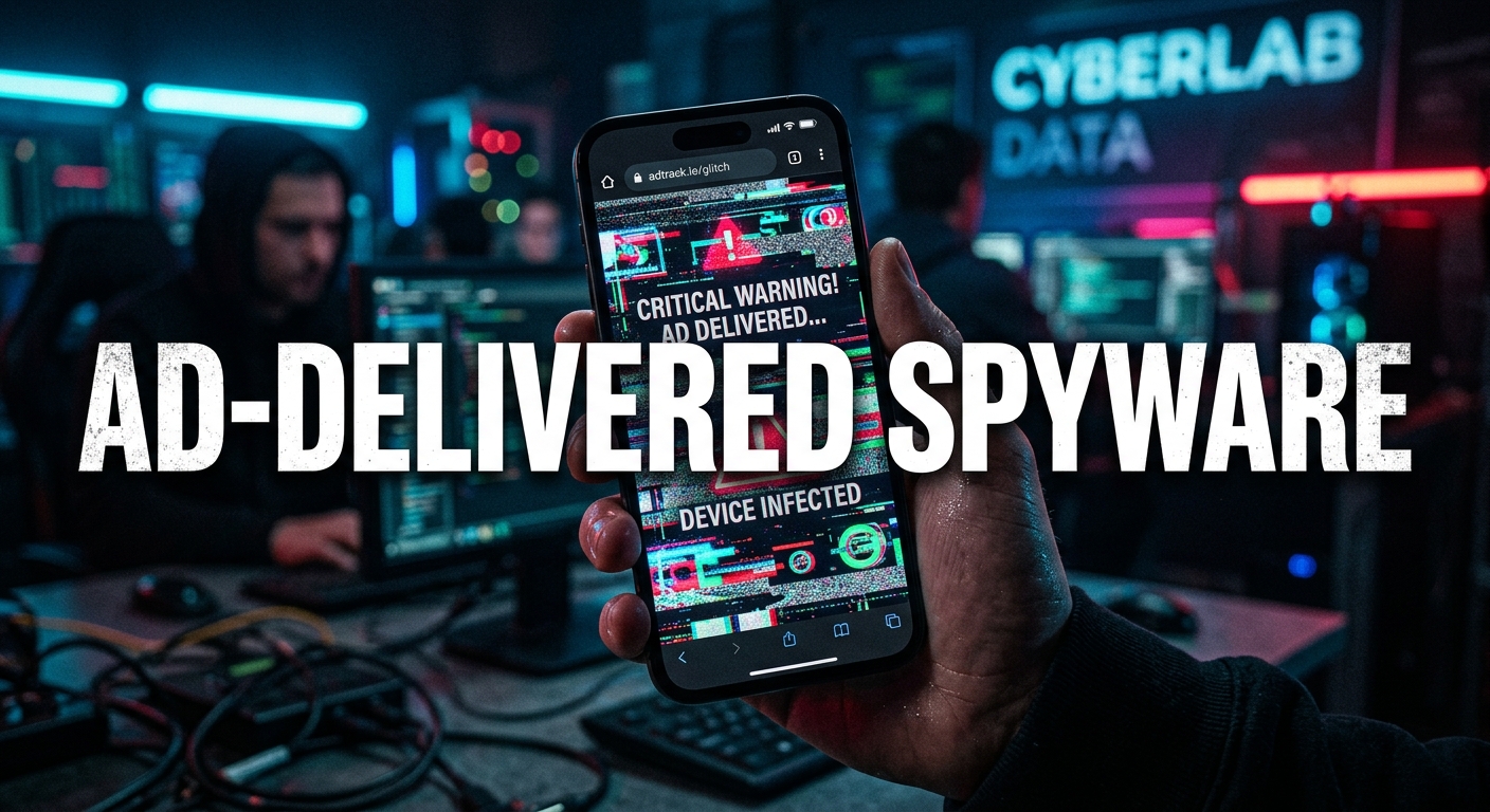 Digital illustration of a smartphone screen displaying a malicious advertisement code overlay.