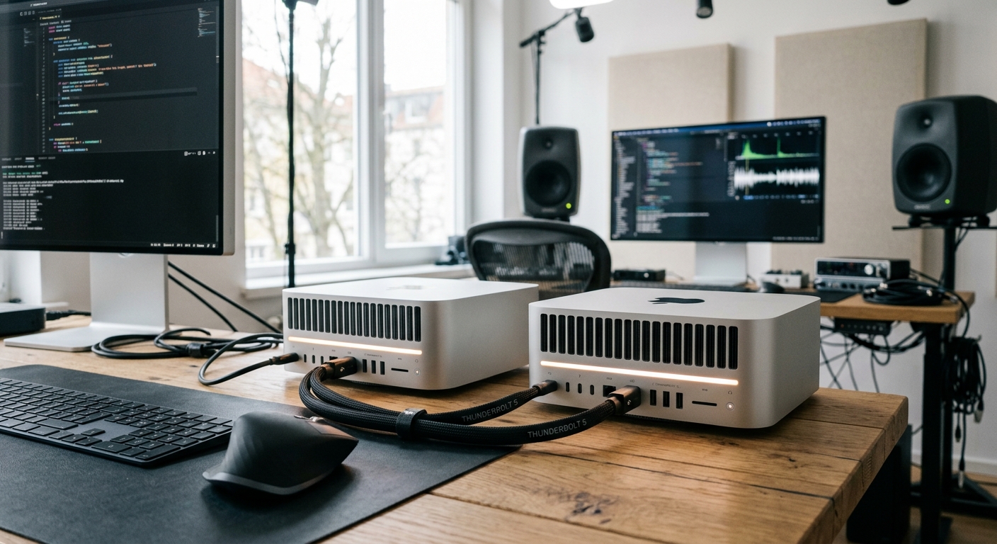 Two Apple M5 Ultra Mac Studio desktop computers connected together on a workstation desk running an AI model