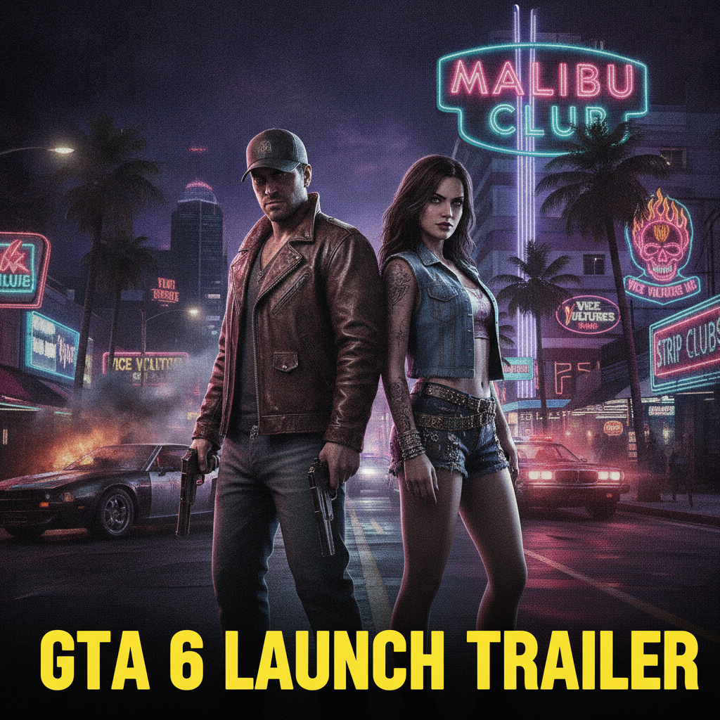 A cinematic shot of Jason and Lucia in the fictional state of Leonida from the GTA 6 launch trailer.