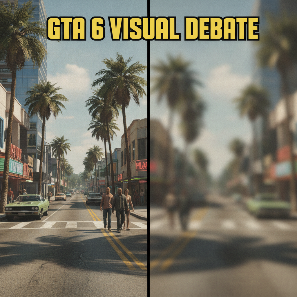 A split-screen comparison showing a sharp, high-definition scene from the 2023 GTA 6 trailer next to a softer, slightly blurred scene from the 2026 launch trailer.