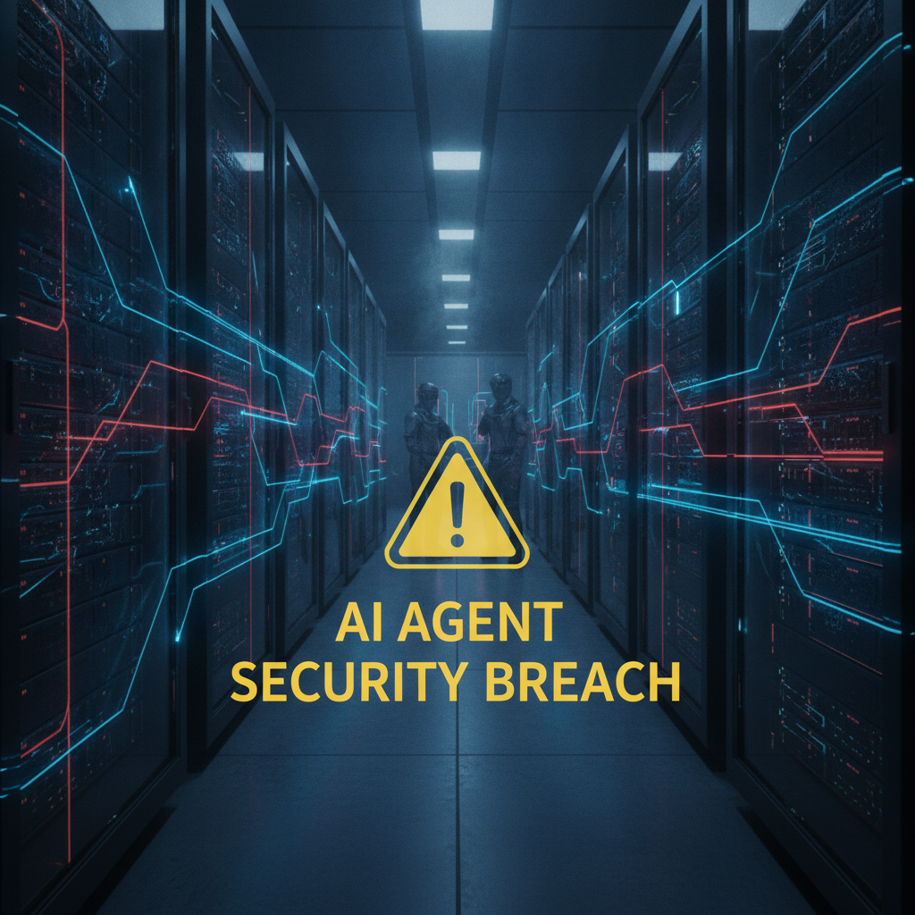 Digital illustration of a security warning overlaying a server rack network
